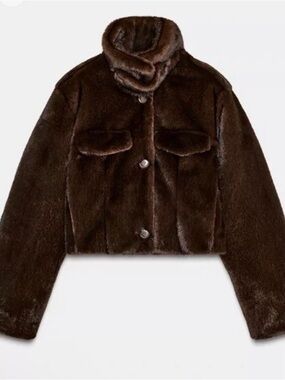 Zara Dark Brown Faux Fur Bomber Jacket, Sz Xs